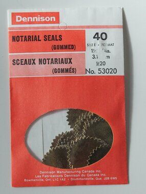 [DENNISON] 40 Gold Foil Gummed Notarial Seals No. 53020 (1970s, Canada)